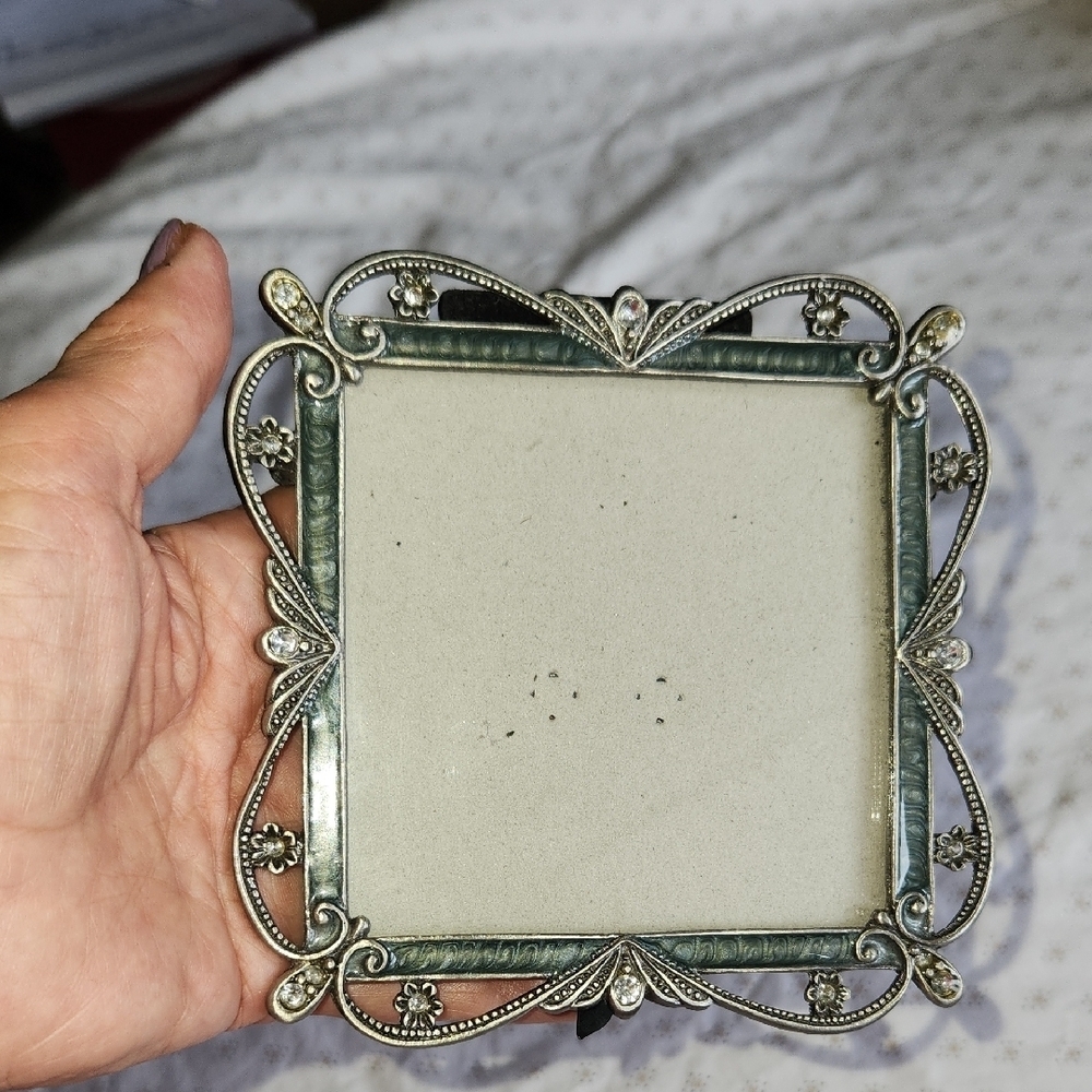 Vintage Green Enamel Ornate Rhinestone Elegant Square Photo Frame